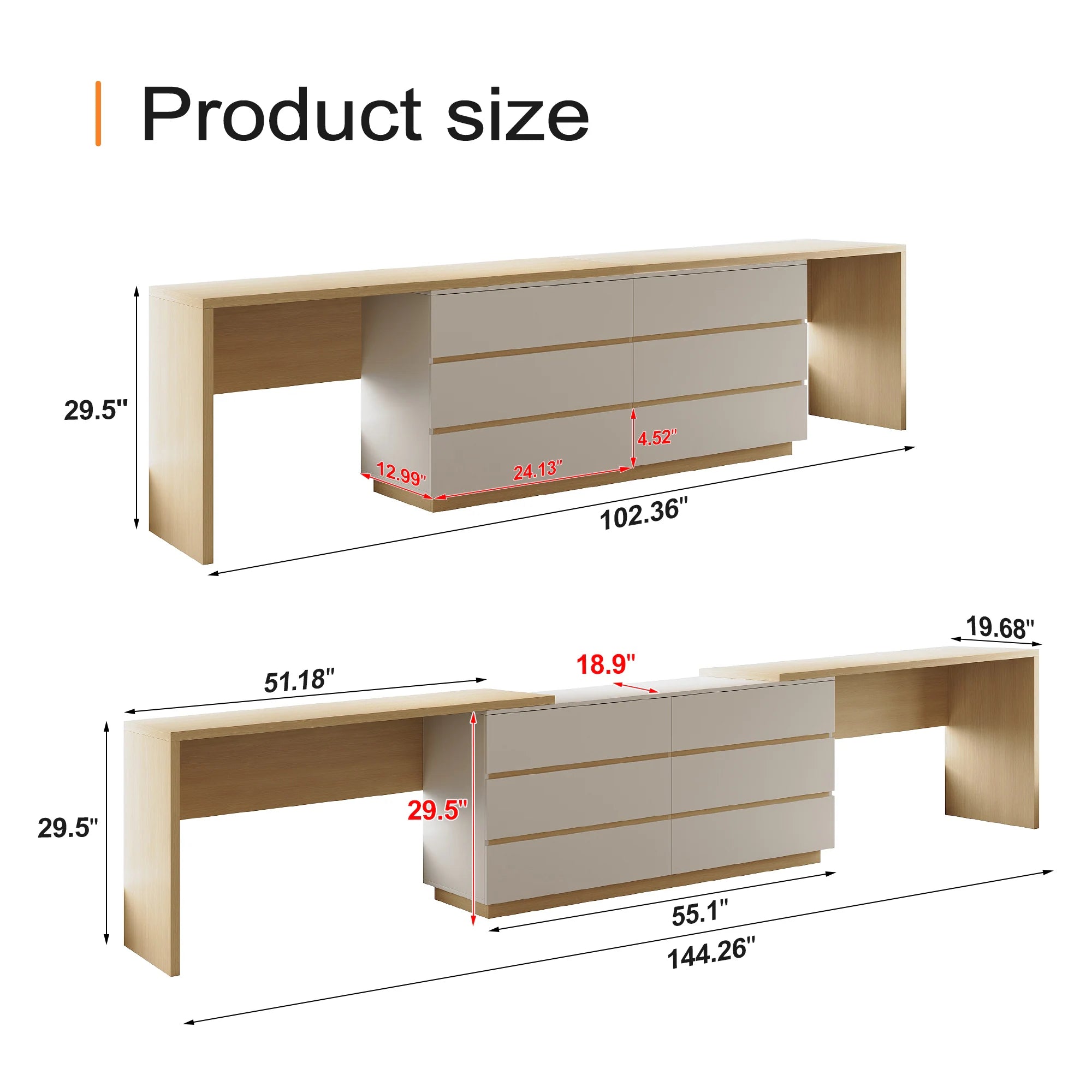144 Inch Modern Home Office Expandable Dresser Desk with 6 Drawers for 2 Person