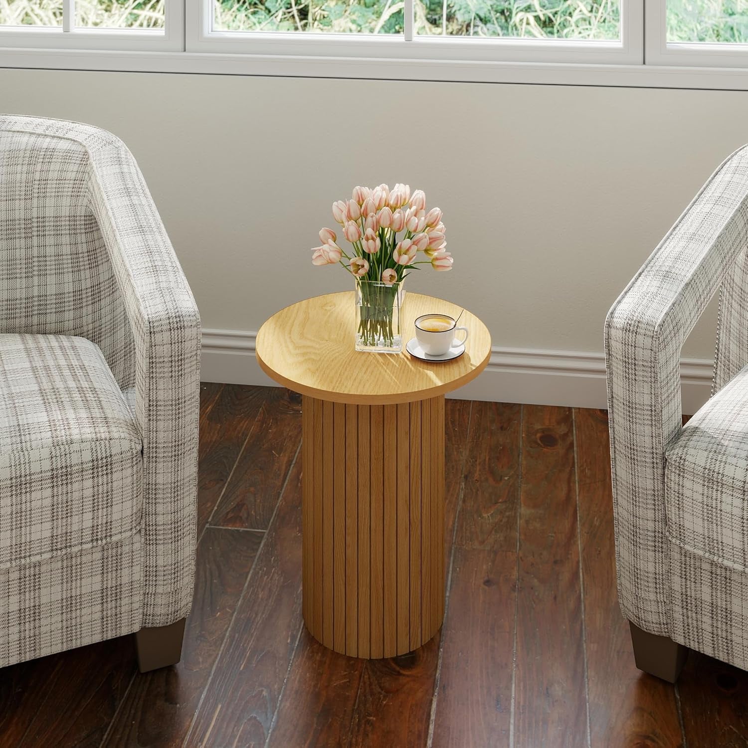 Small round Side Table, Fluted Drum Pedestal End Table, Wood Plant Stand for Small Spaces, Modern Home, Bedroom, and Living Room Desk Furniture, Nature
