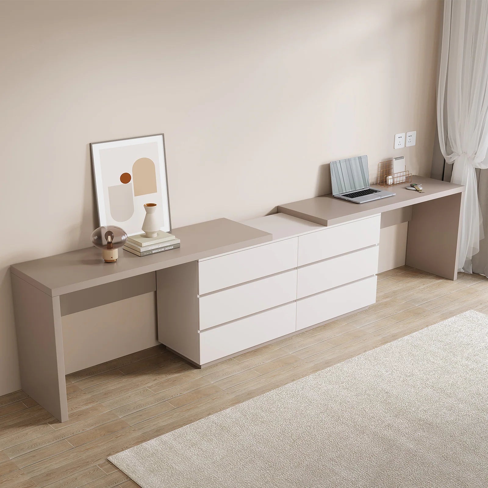 144 Inch Modern Home Office Expandable Dresser Desk with 6 Drawers for 2 Person