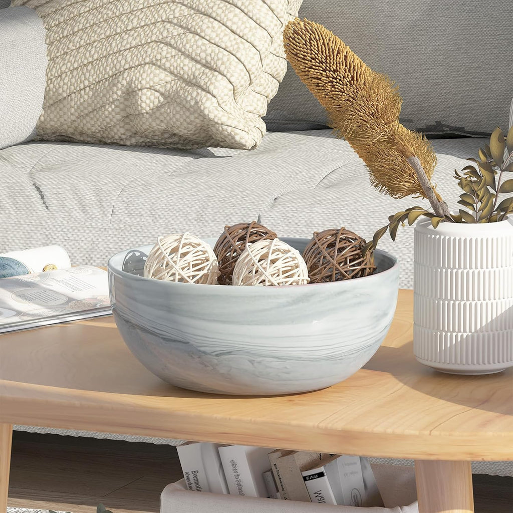 Large Decorative Fruit Bowl, Marble-Patterned Ceramic Bowl for Coffee Table Entryway Kitchen Modern Home Decor Centerpiece 9.5 Inches, Grey