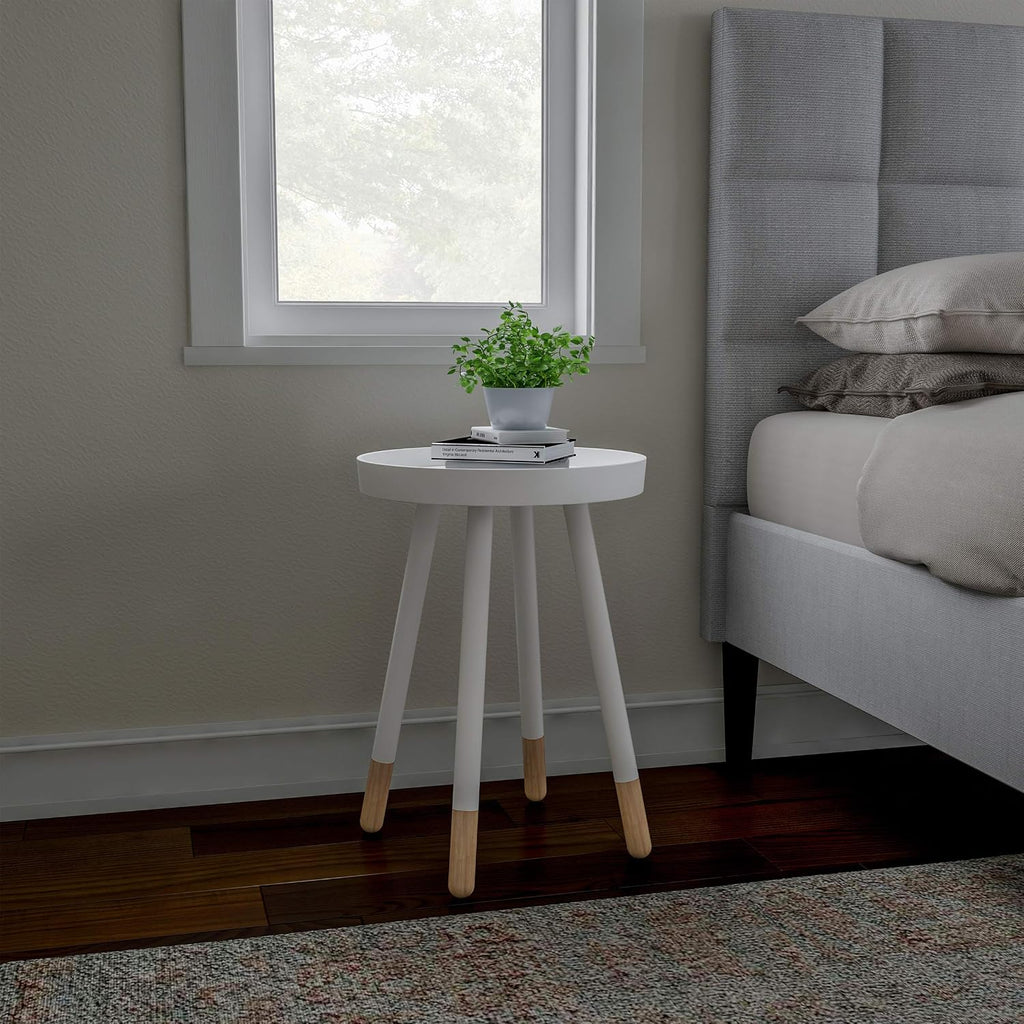 round End Table – 2-Tone Mid-Century Modern Home Accent Table with Tray Top for Living Room, Bedroom, or Office (White)