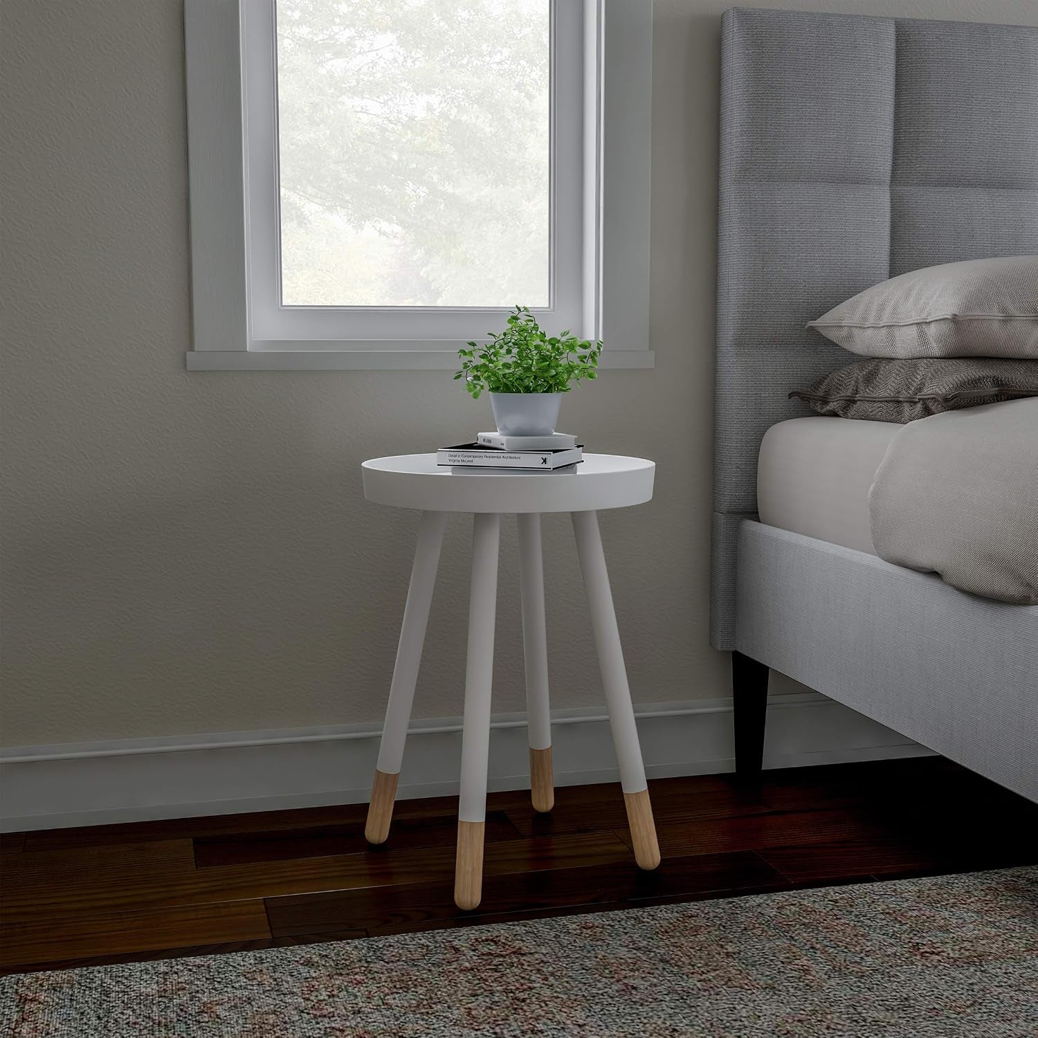 round End Table – 2-Tone Mid-Century Modern Home Accent Table with Tray Top for Living Room, Bedroom, or Office (White)