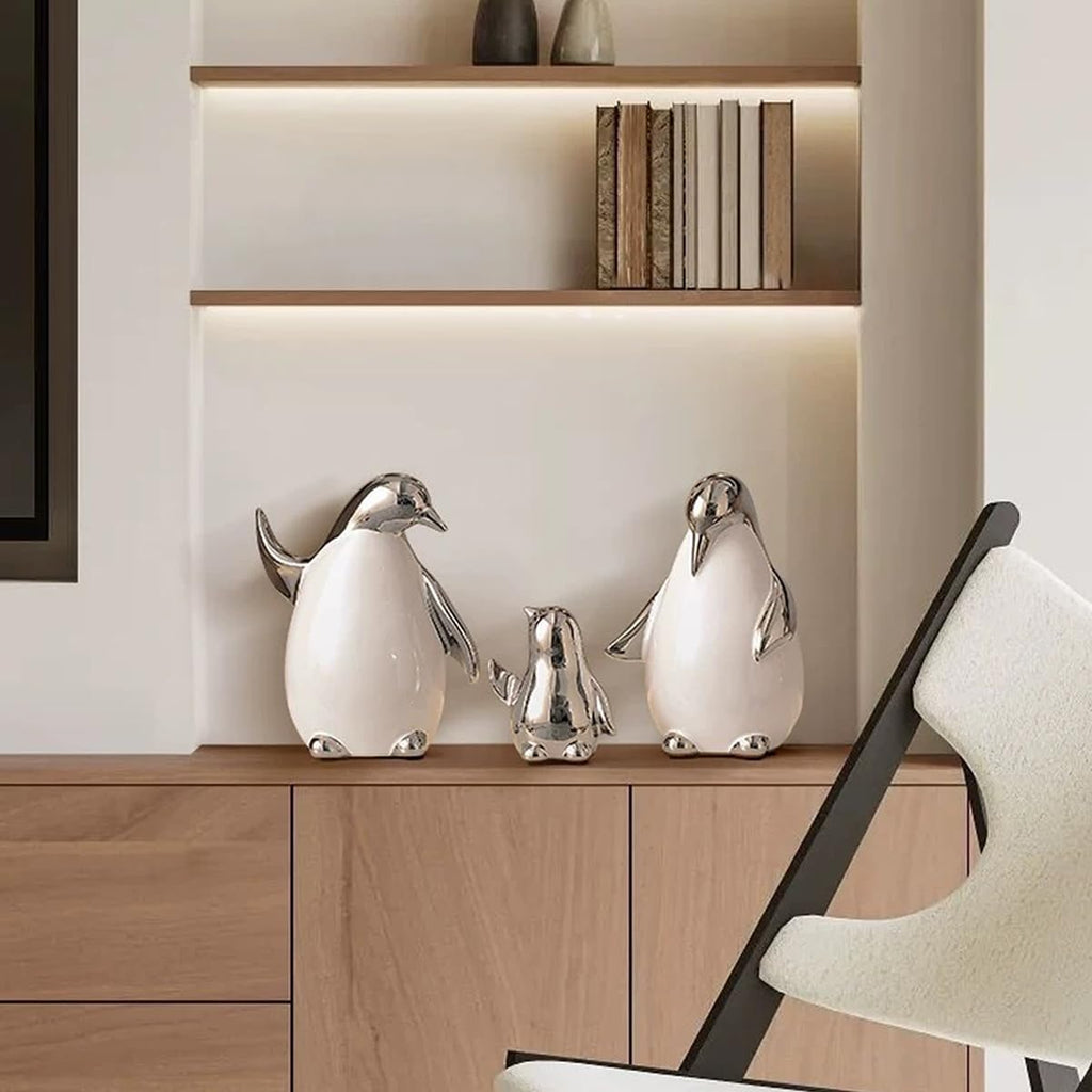 Set of 3 Ceramic Statues Aesthetic Abstract Penguins Sculpture Cute Modern Home Decor Decorative Statue for Living Room, Bedroom, Office, Table Centerpiece (White Silver)