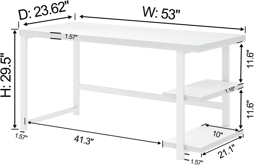 White Computer Desk, Modern Home Office Desk with Storage Shelf, Wood and Metal Writing Study Table for Living Room Bedroom, 53 Inch