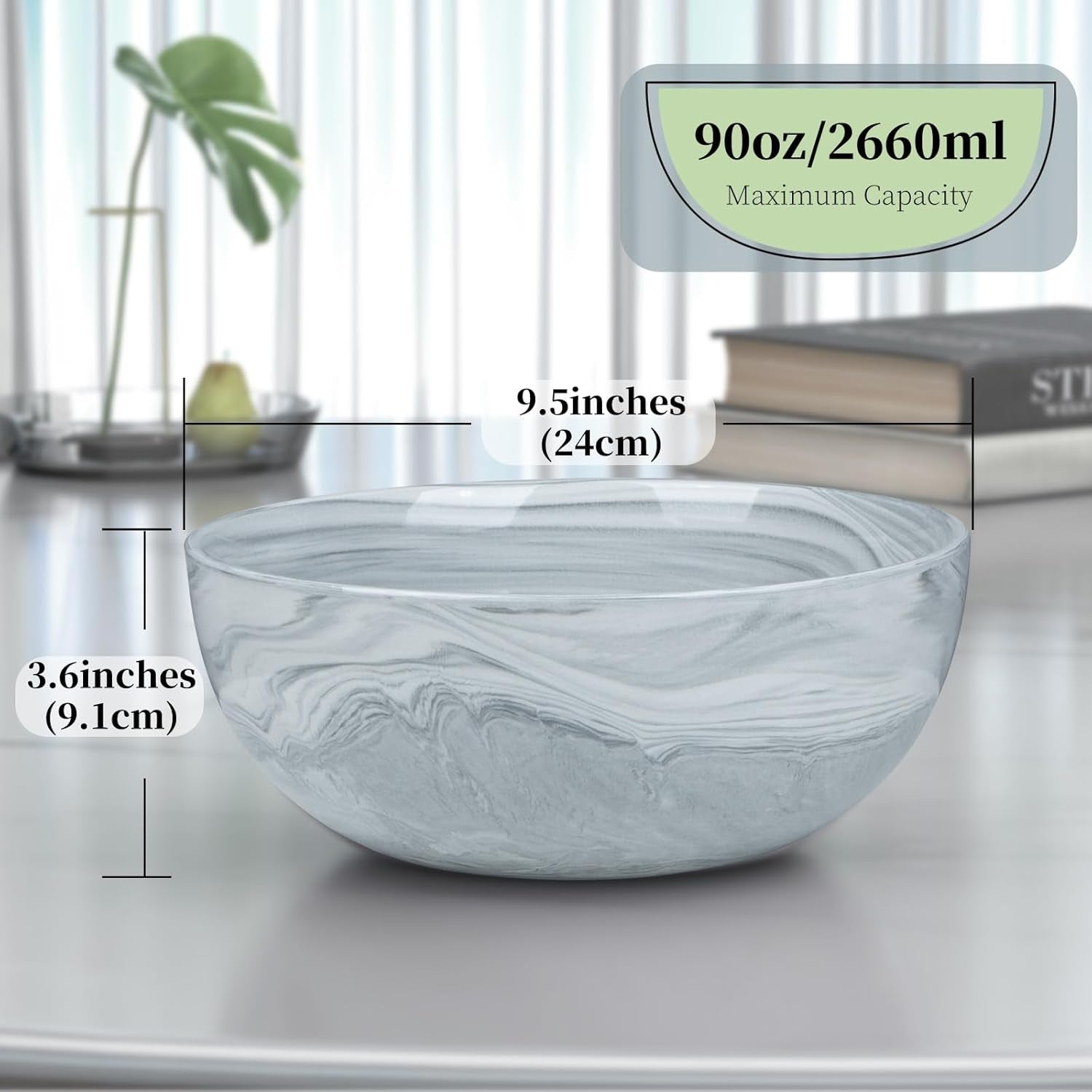 Large Decorative Fruit Bowl, Marble-Patterned Ceramic Bowl for Coffee Table Entryway Kitchen Modern Home Decor Centerpiece 9.5 Inches, Grey