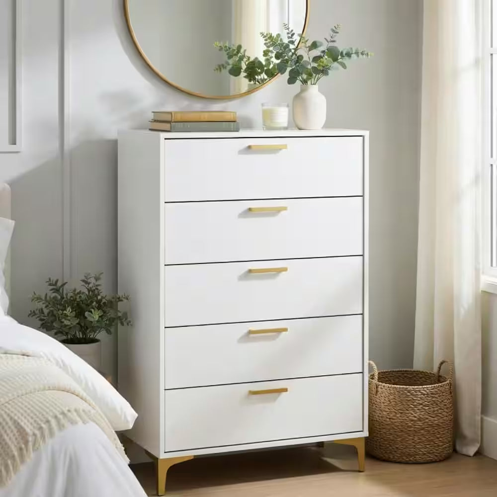15.75 In. White and Gold 5-Drawer Wooden Tall Dresser Chest of Drawers