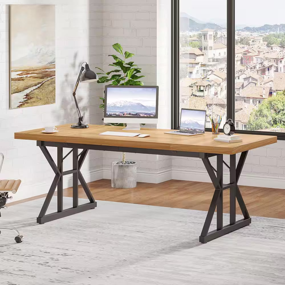 Capen 70.8 In. Rectangular Light Walnut Engineered Wood Executive Desk Computer Desk Conference Table for Home Office