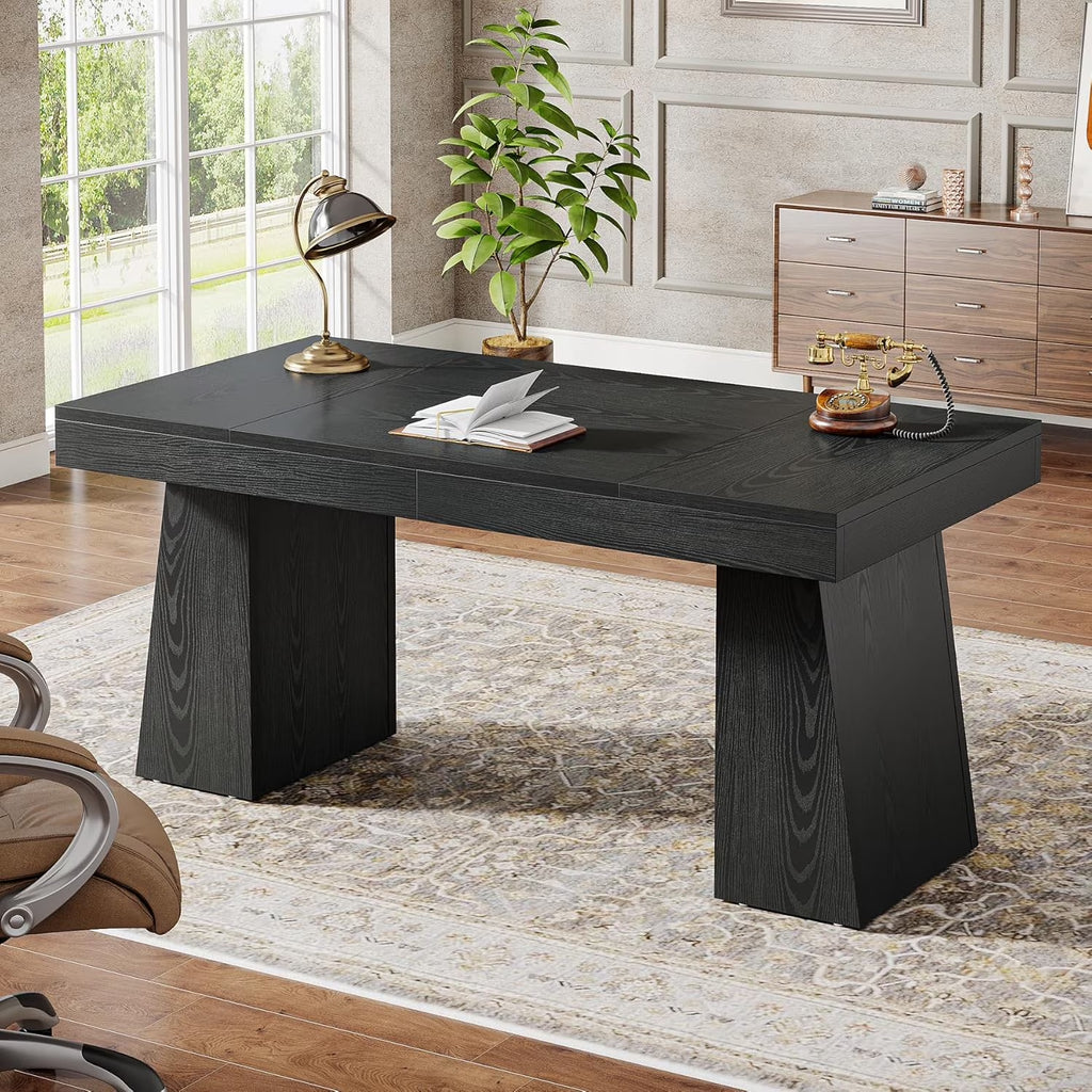 55 Inches Executive Desk, Mid-Century Modern Home Office Desk with Double Trapezoid Base