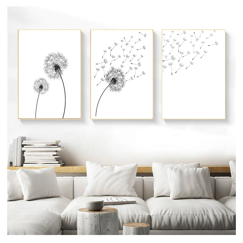 And White Minimalist Poster Prints Canvas Wall Art Painting Decoration Picture Modern Home Decor Set of 3 Dandelion Black