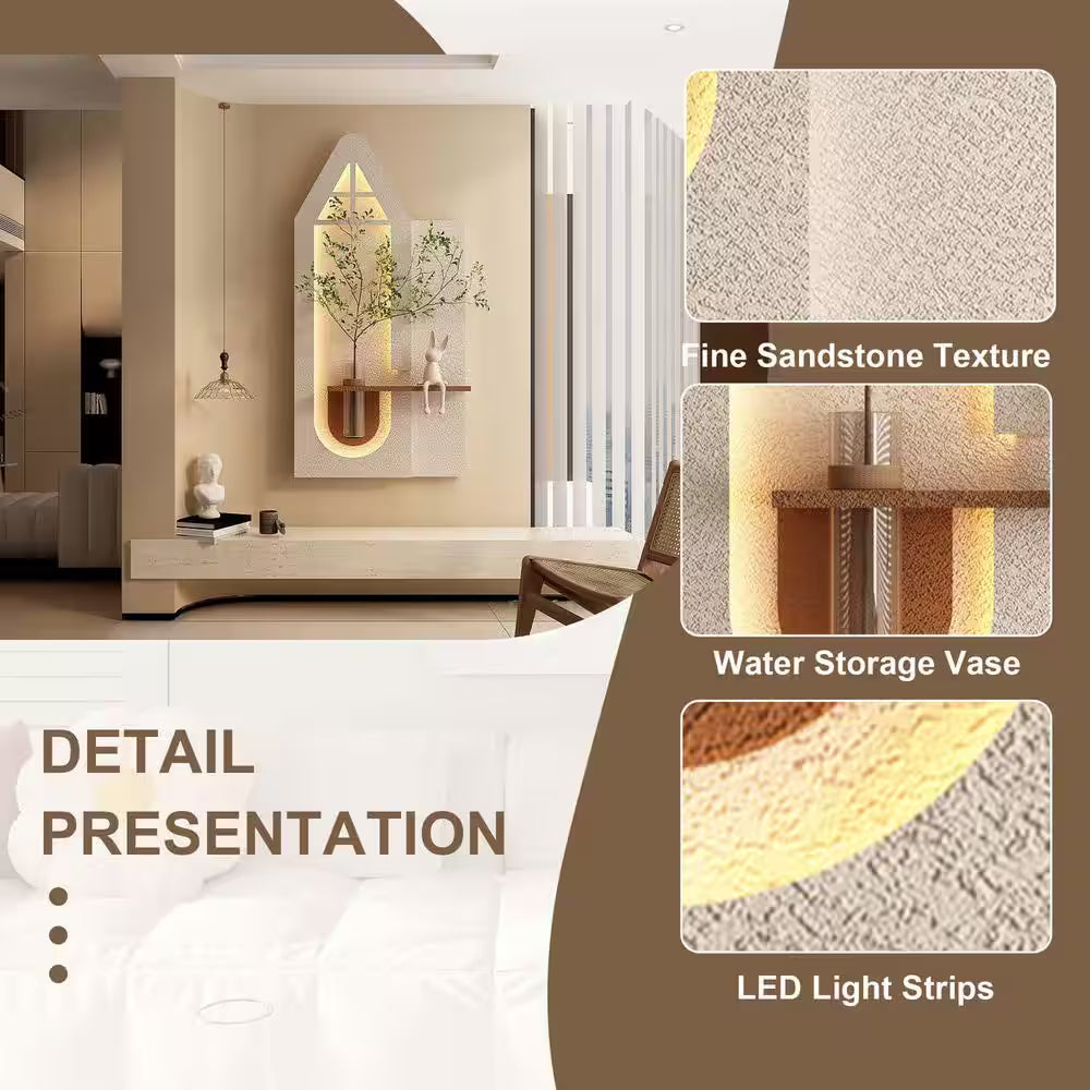 23.62 In. X 47.24 In. Adjustable Sandstone Wall Decor, Modern Decorative Painting with LED, Glass Vase, 3D Art Sculpture