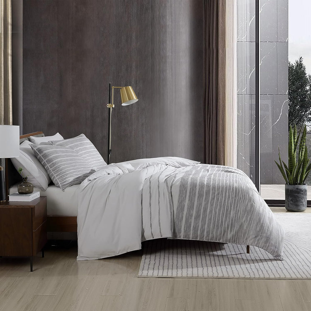 Kenneth Cole New York - King Duvet Cover Set, Reversible Cotton Bedding with Matching Shams, Modern Home Decor (Abstract Stripe Grey, King)