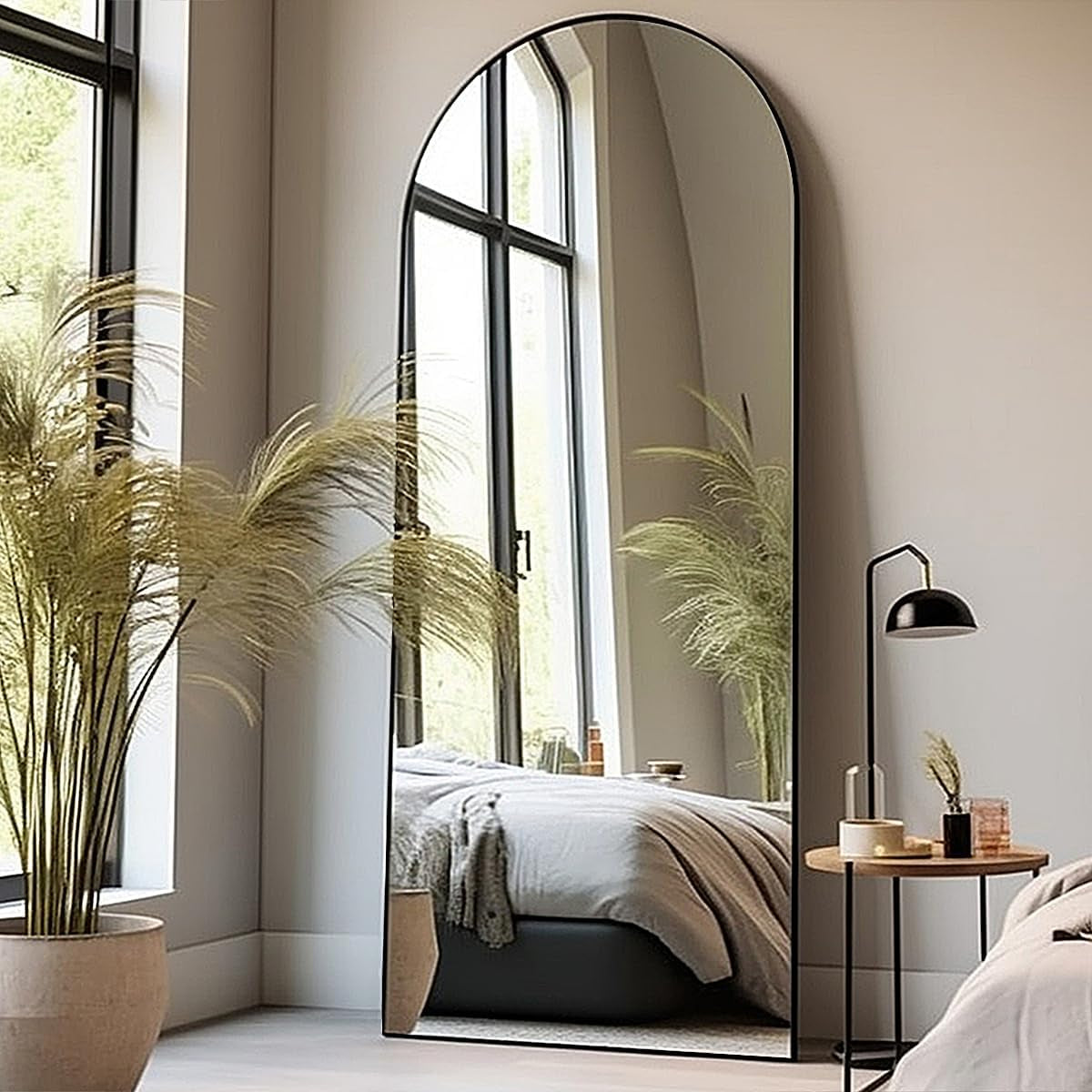 71"26" Arched Floor Mirror with Stand, Black Aluminum Frame, Freestanding or Wall Mounted, Modern Home Decor