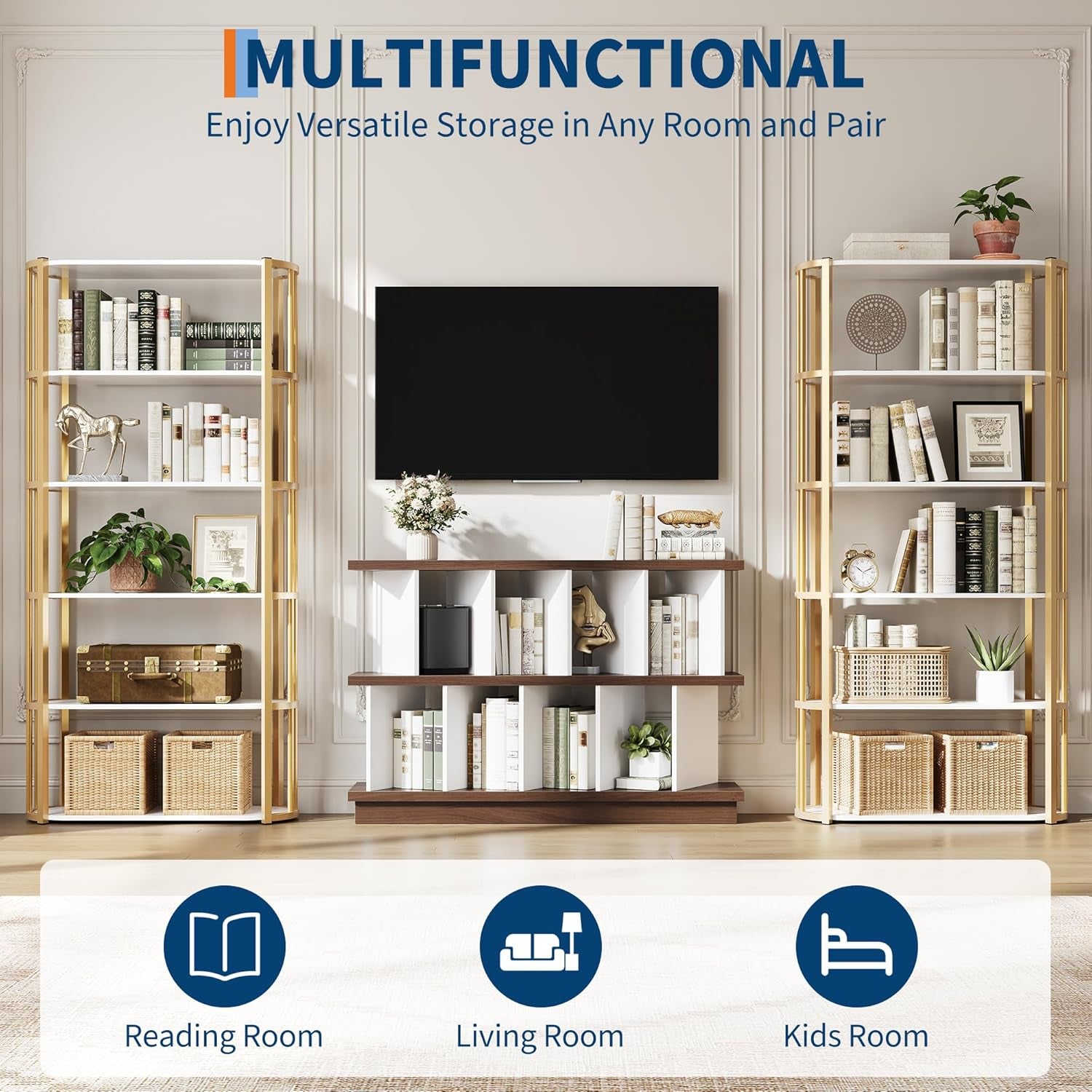 8 Cube Low Bookshelf Bookcase - Wooden TV Stand Cabinets with Removable Back Panels, Modern Home Display Storage Rack for Living Room, Bedroom, Entrance - Walnut
