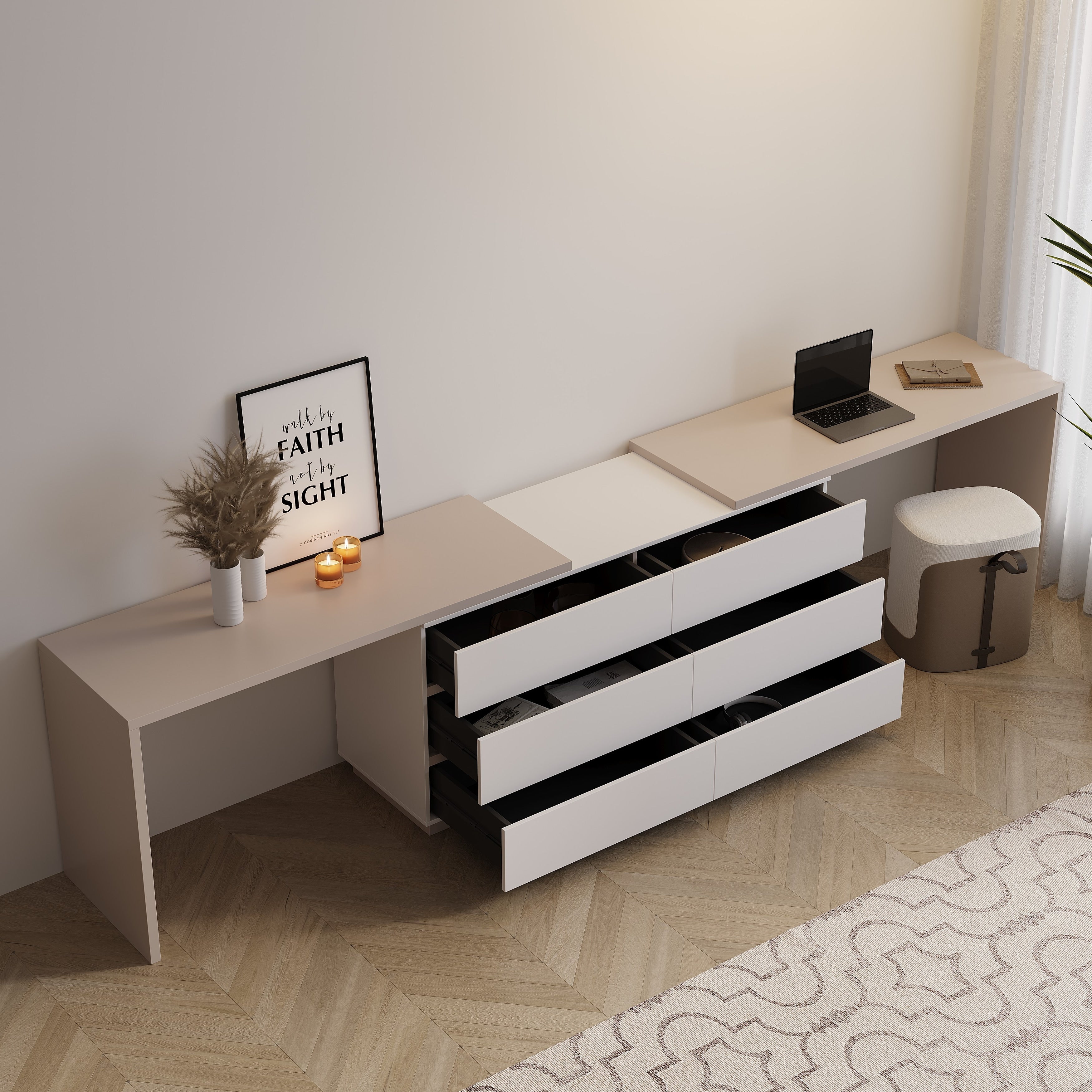 144 Inch Modern Home Office Expandable Dresser Desk with 6 Drawers for 2 Person
