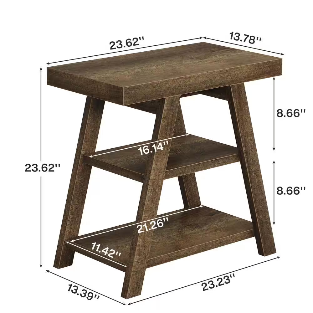 Kerlin 2PCS 23.62 In. Brown Rectangle Side Table Wood End Table with 3-Shelf Storage for Living Room, Bedroom