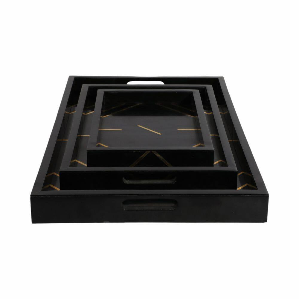 Black 13/18/24 In. Resin Wood Modern Brass Inlay Rectangle Trays