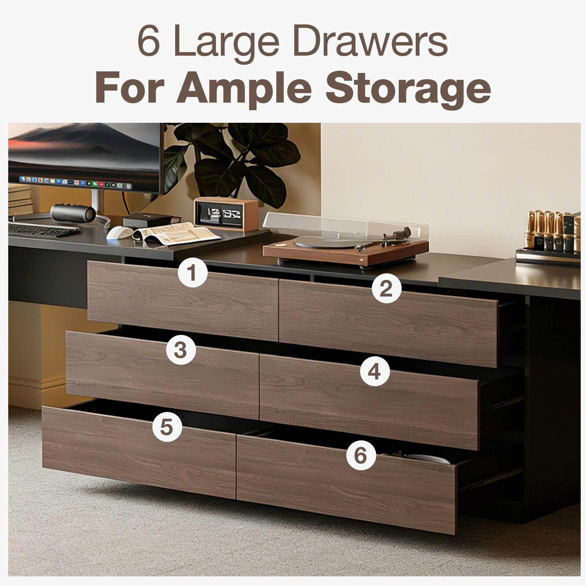144 Inch Modern Home Office Expandable Dresser Desk with 6 Drawers for 2 Person