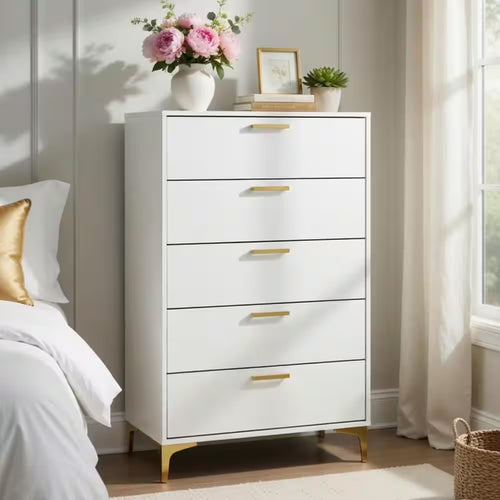 15.75 In. White and Gold 5-Drawer Wooden Tall Dresser Chest of Drawers