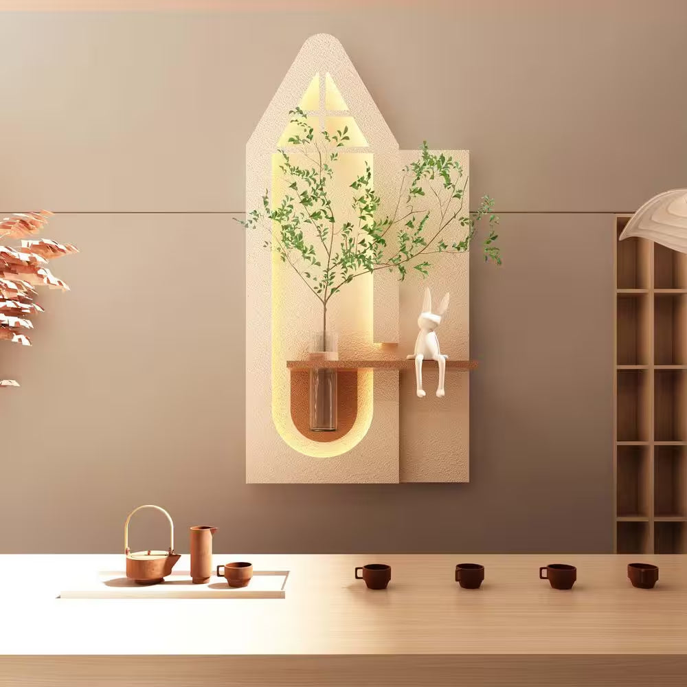 23.62 In. X 47.24 In. Adjustable Sandstone Wall Decor, Modern Decorative Painting with LED, Glass Vase, 3D Art Sculpture