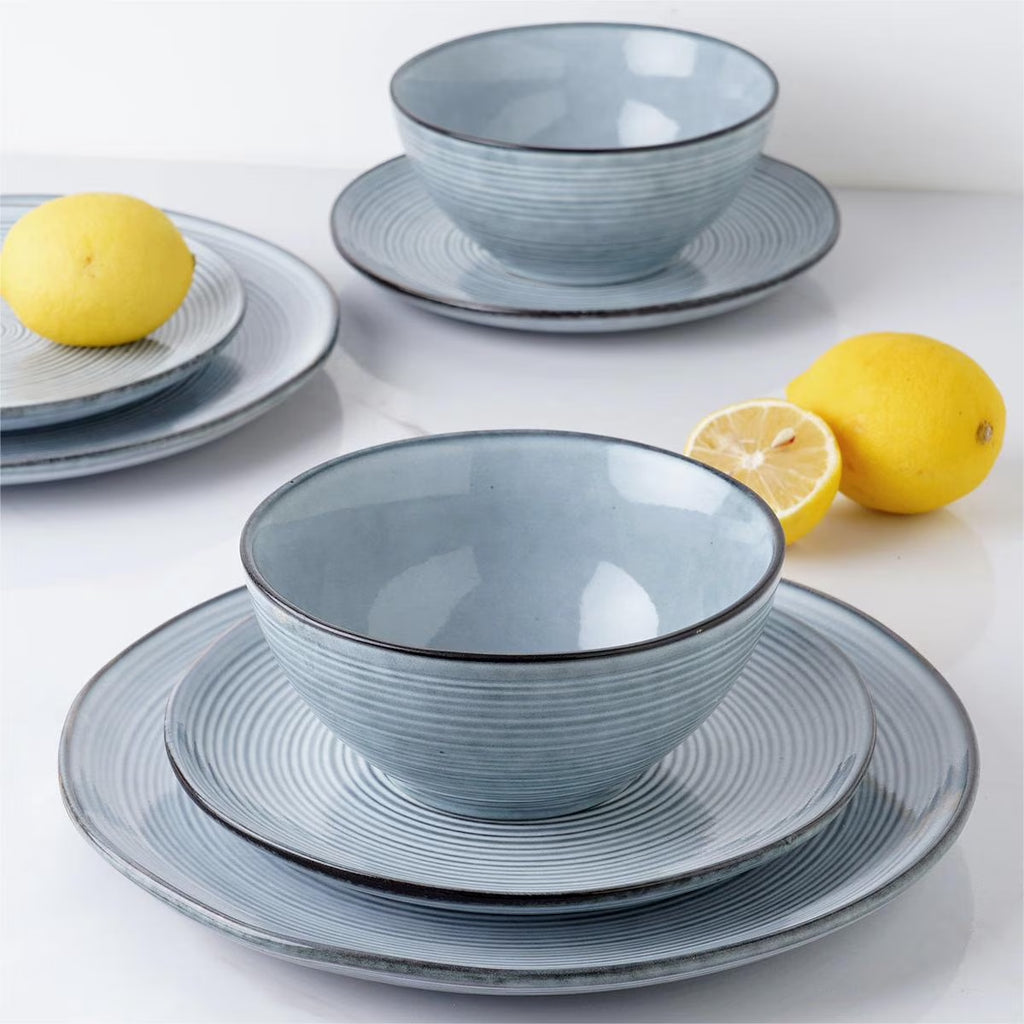 Stoneware Dinnerware Sets, 12 Piece Plates and Bowls, Dishes Set for 4, Pearl Blue