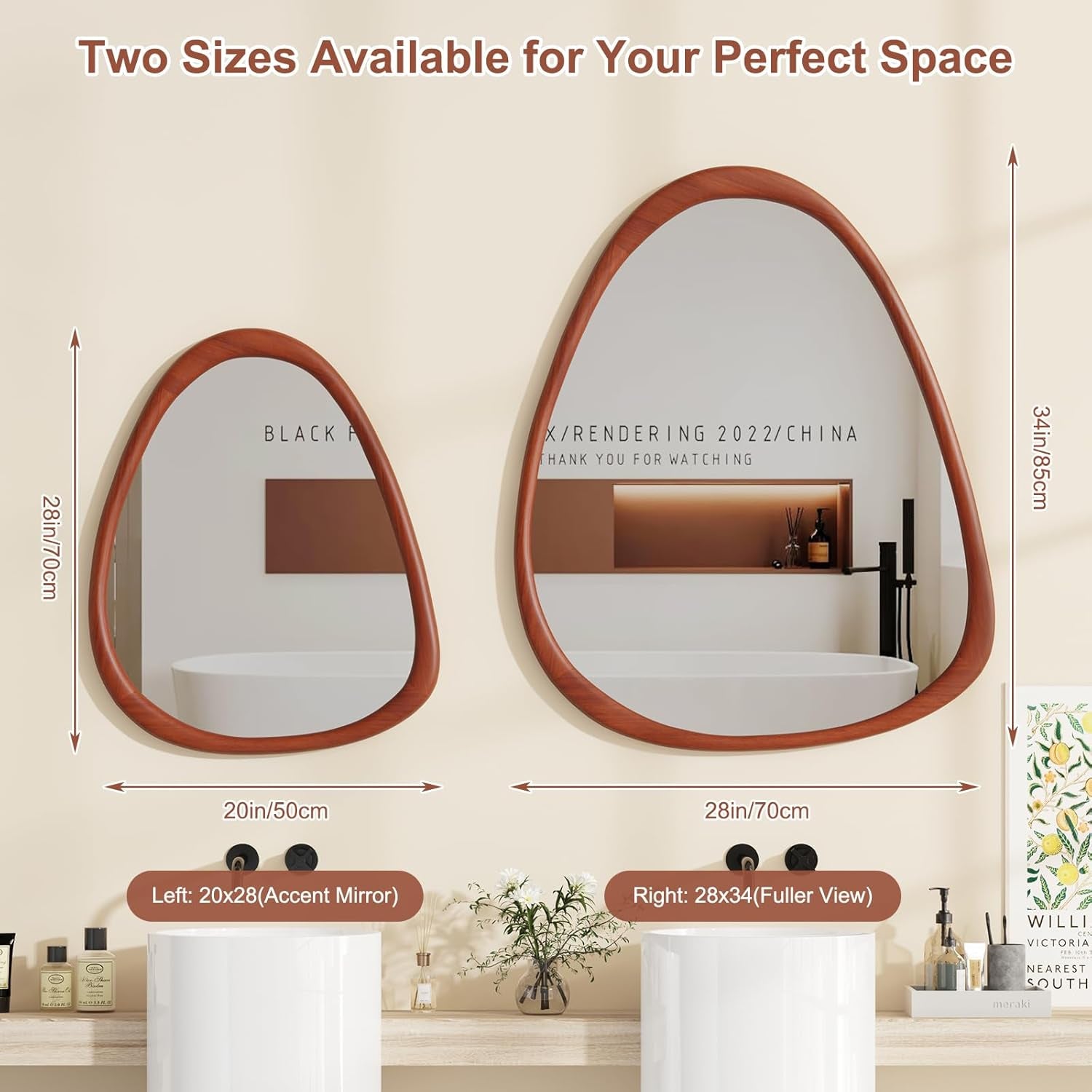 Triangular Wall Mirror, 28×34 Inches Hanging Wood Frame, Versatile for Bathroom Decor, Vanity Mirror,And Abstract Wall Art for Living Room, Walnut.