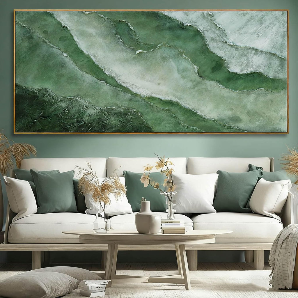 Large Canvas Wall Art 32X70 Inch, Green Landscape Style Framed Canvas Wall Art, Modern Horizontal Printed Wall Art with Wooden Frame for Living Room Decor