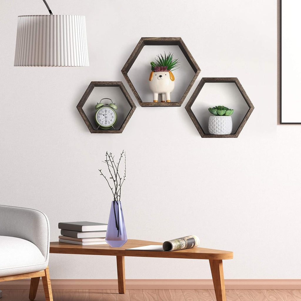 Hexagon Shelves, Set of 3 Wall Shelves Floating Shelves, Wood Display Shelves for Wall Decor, Bathroom, Kitchen, Bedroom, Living Room, Office