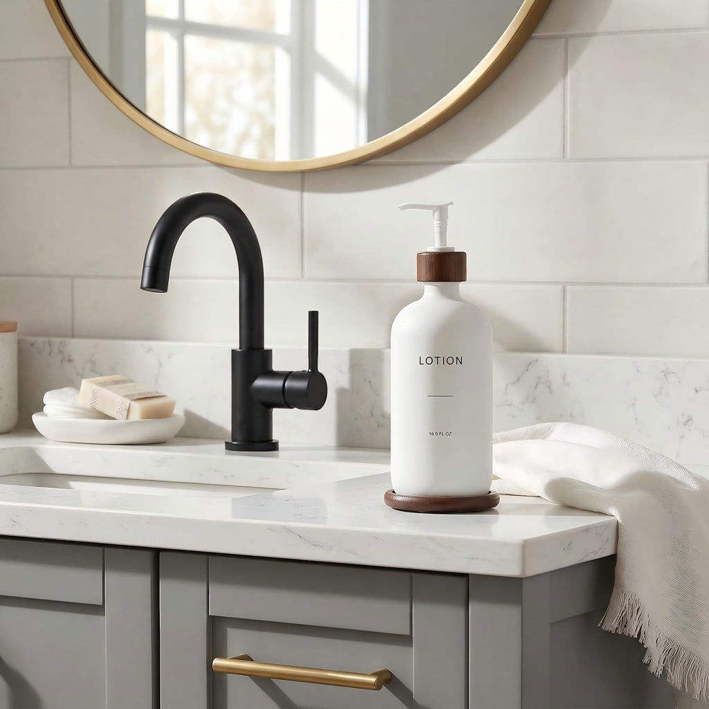 Soap Dispenser Bathroom, Refillable Lotion Dispenser with Tray, Glass Lotion Bottle with Pump, Suitable for Bathroom Countertop Soap Dispensers, Modern Home Decor. (White)