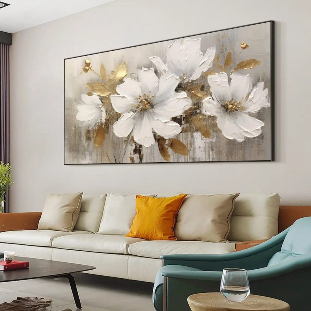 Abstract Flower Oil Painting on Canvas Large Wall Art Minimalist Floral Art Handmade Painting White Modern Home Decor for Living Room