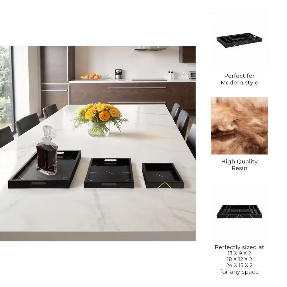 Black 13/18/24 In. Resin Wood Modern Brass Inlay Rectangle Trays