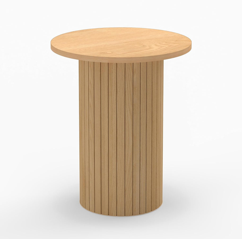 Small round Side Table, Fluted Drum Pedestal End Table, Wood Plant Stand for Small Spaces, Modern Home, Bedroom, and Living Room Desk Furniture, Nature