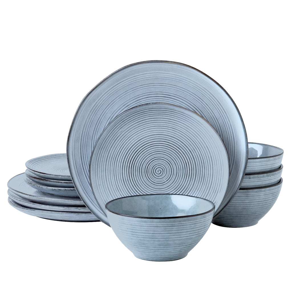 Stoneware Dinnerware Sets, 12 Piece Plates and Bowls, Dishes Set for 4, Pearl Blue