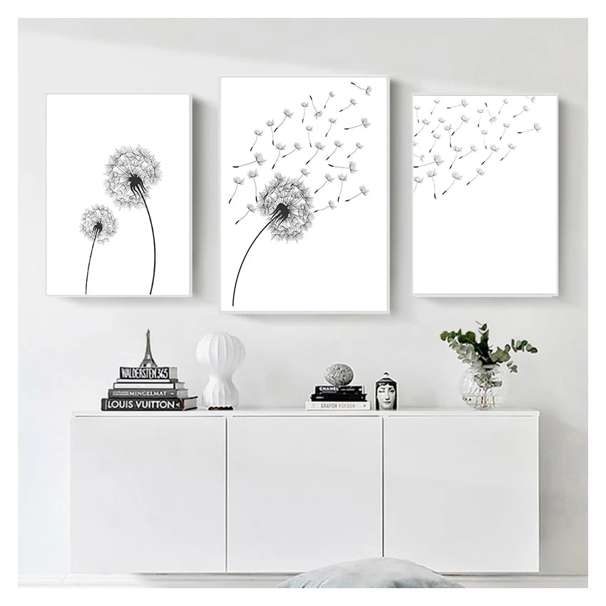 And White Minimalist Poster Prints Canvas Wall Art Painting Decoration Picture Modern Home Decor Set of 3 Dandelion Black