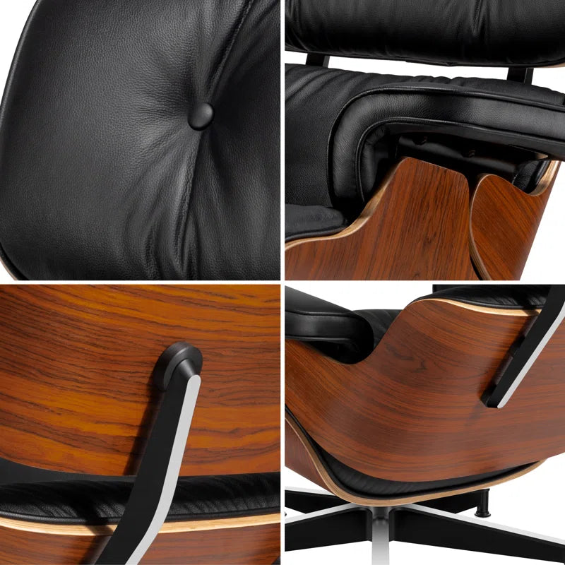 Classic Genuine Leather Swivel Lounge Chair with Ottoman for Modern Home, Solid Wood Accent Chair