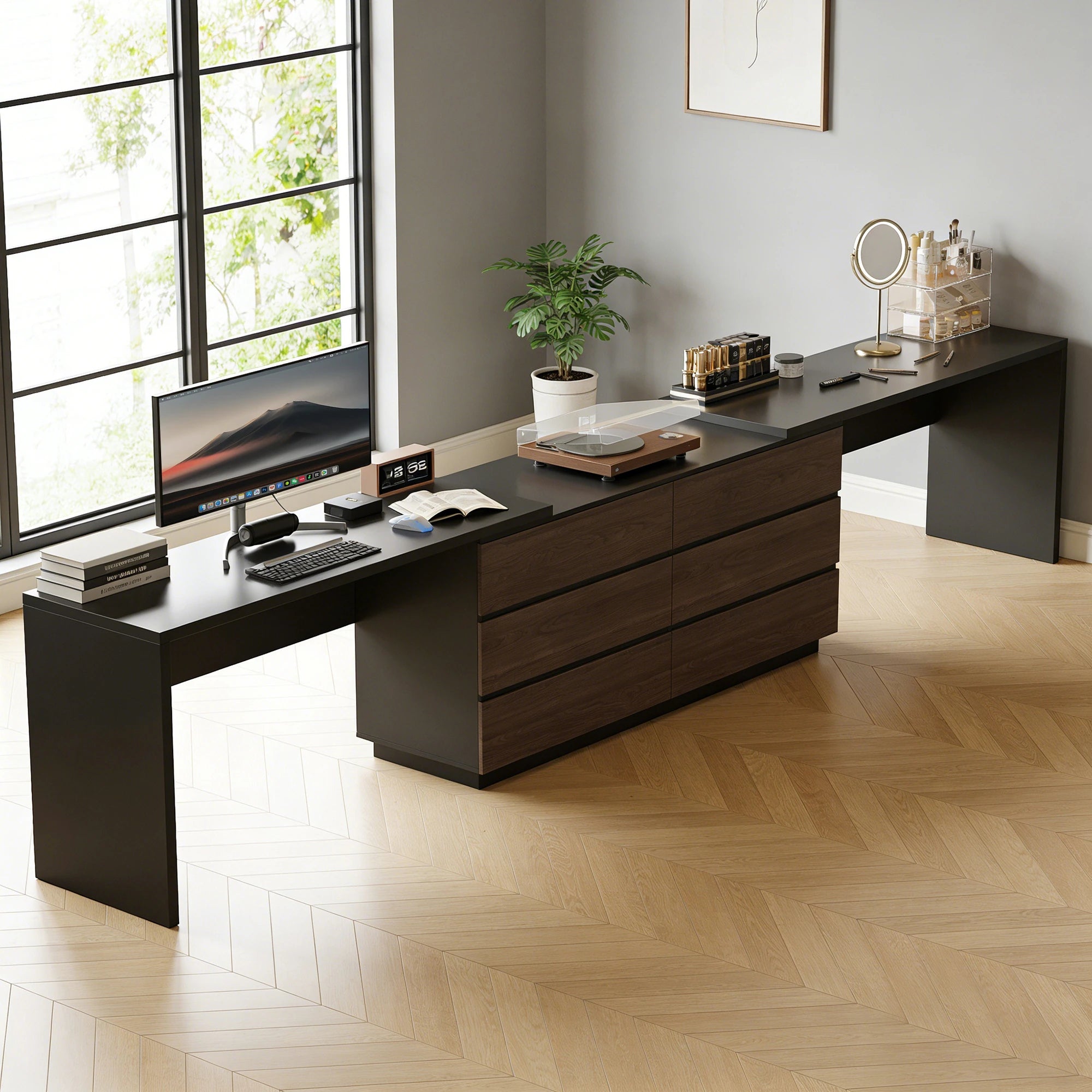 144 Inch Modern Home Office Expandable Dresser Desk with 6 Drawers for 2 Person