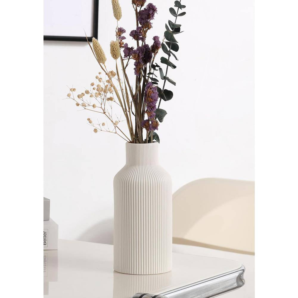 8 In. Ceramic Flower Vase, Minimalist Modern Home Decor for Table, Shelf Bookshelf, Mantel and Centerpieces, White