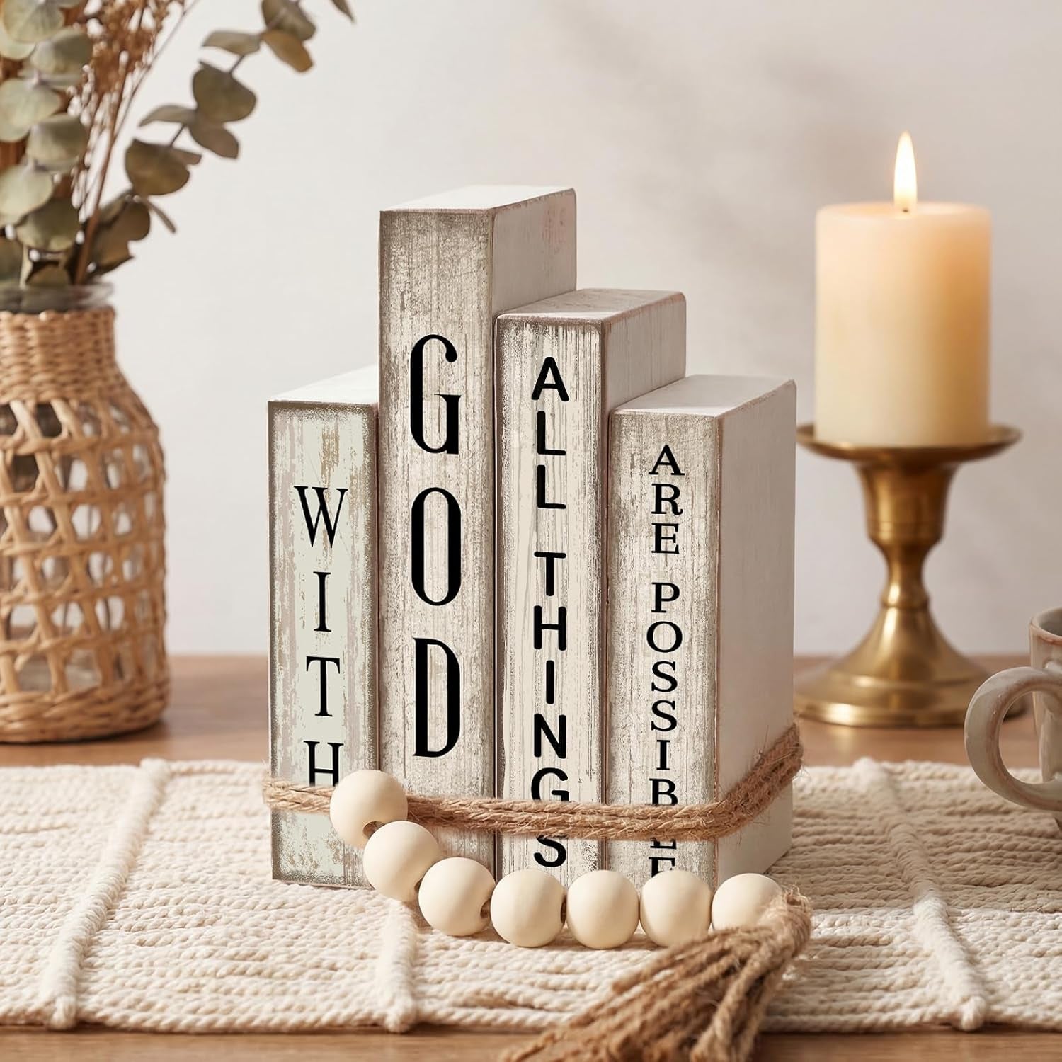 4 Pcs Christian Table Decor Wooden Book Stack Decor with God All Things Are Possible Farmhouse Centerpiece with Beaded Garland Tassel Christian Home Decorations for Office, Shelf, Gift