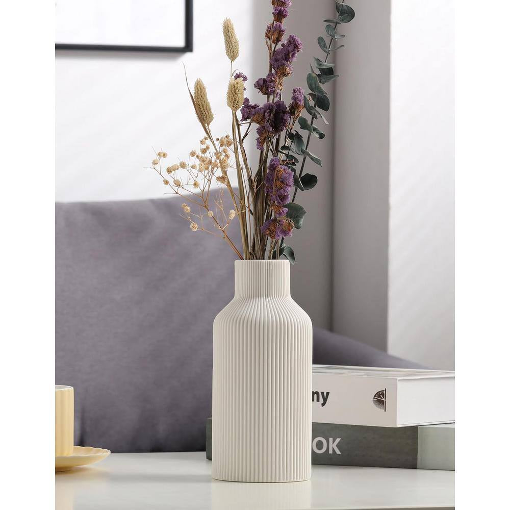 8 In. Ceramic Flower Vase, Minimalist Modern Home Decor for Table, Shelf Bookshelf, Mantel and Centerpieces, White