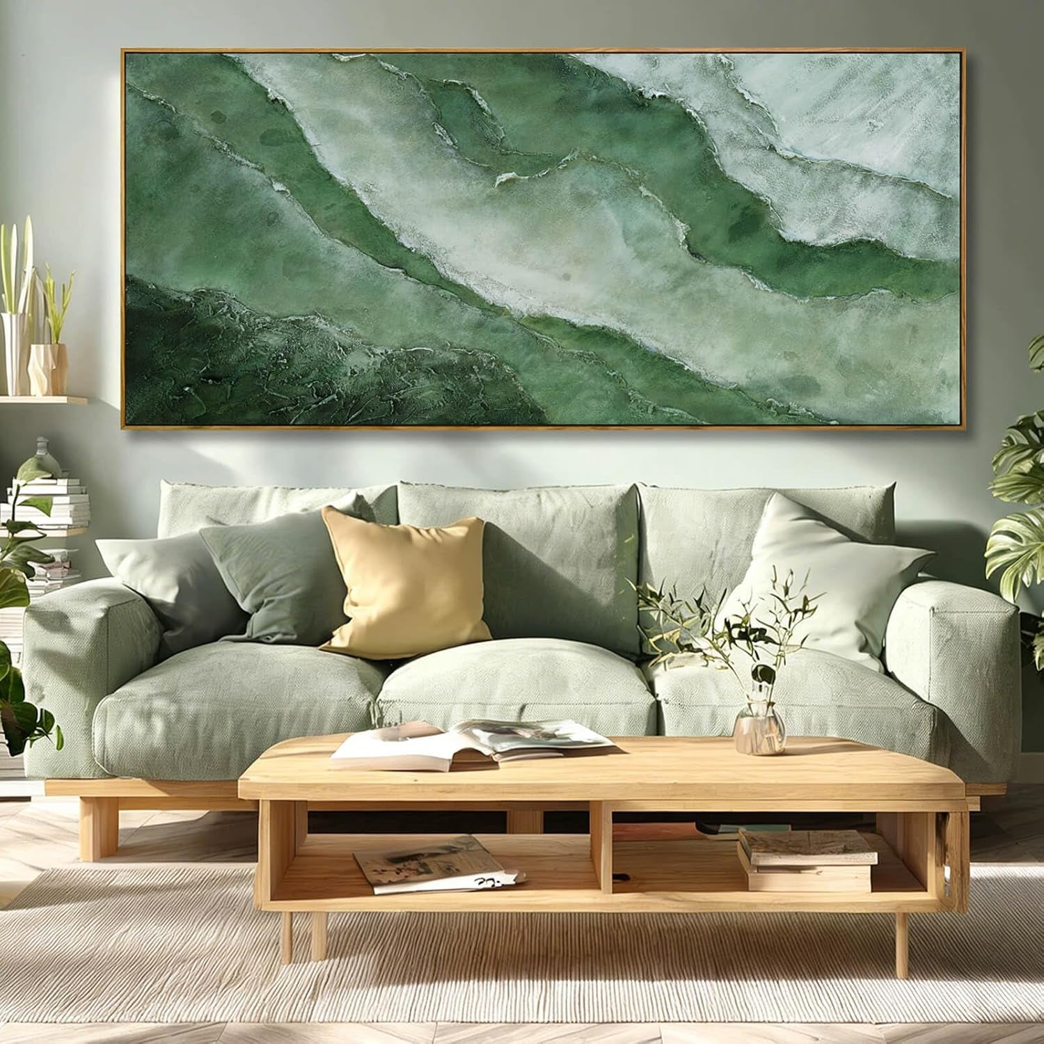 Large Canvas Wall Art 32X70 Inch, Green Landscape Style Framed Canvas Wall Art, Modern Horizontal Printed Wall Art with Wooden Frame for Living Room Decor