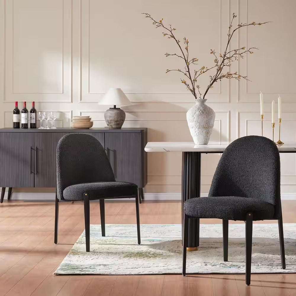 Glam 7-Piece Wood Rectangle Dining Table with Black Boucle Chairs Metal Legs Dining Room Set for Kitchen
