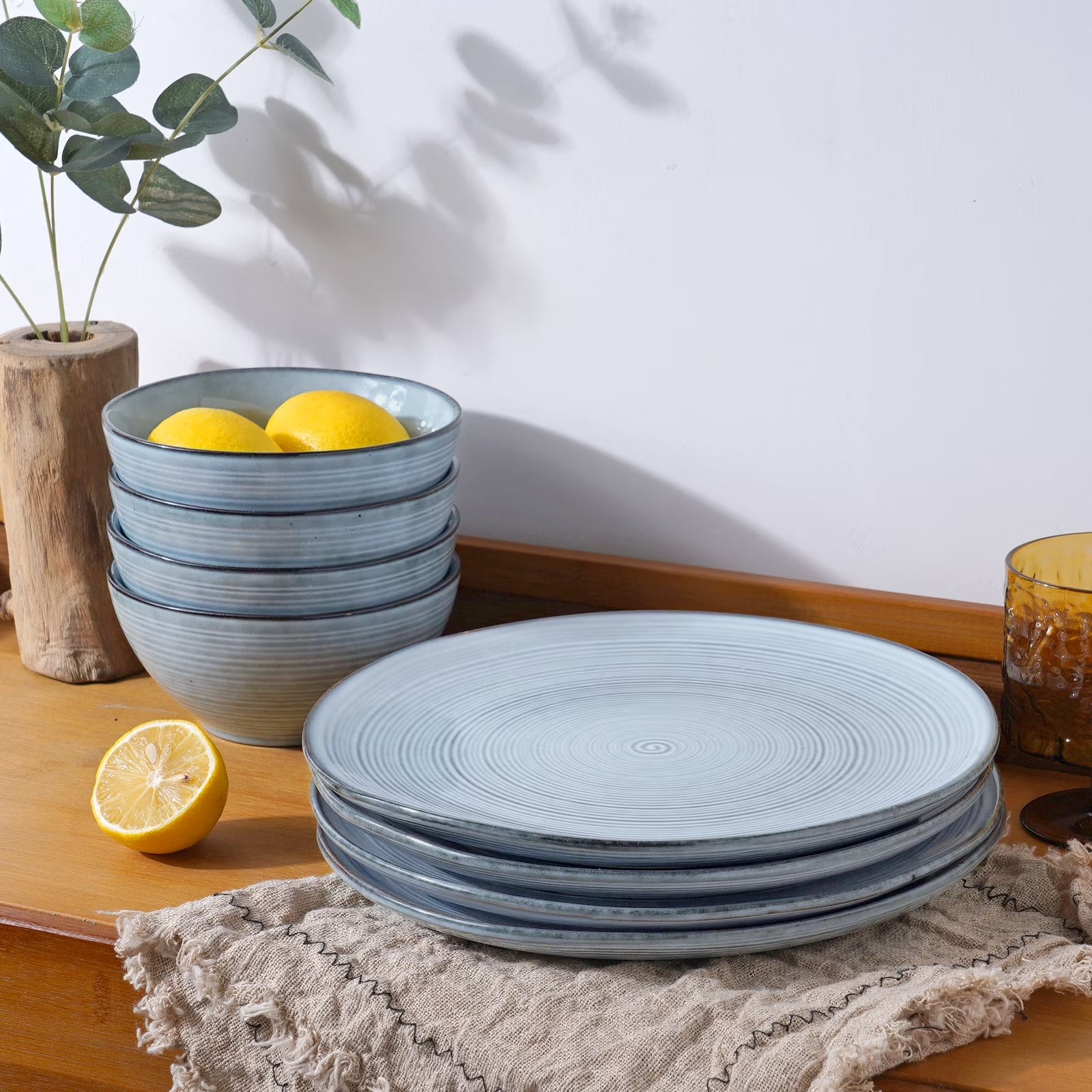 Stoneware Dinnerware Sets, 12 Piece Plates and Bowls, Dishes Set for 4, Pearl Blue