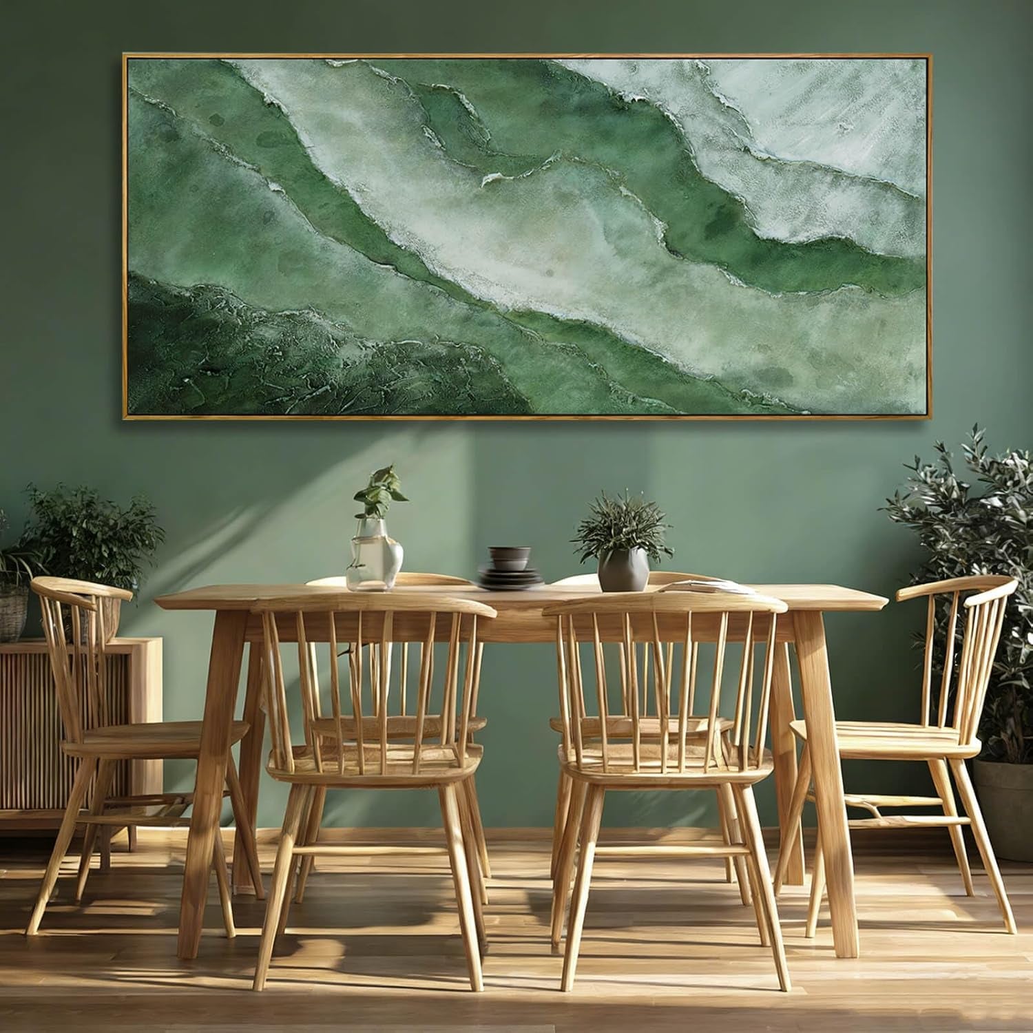 Large Canvas Wall Art 32X70 Inch, Green Landscape Style Framed Canvas Wall Art, Modern Horizontal Printed Wall Art with Wooden Frame for Living Room Decor