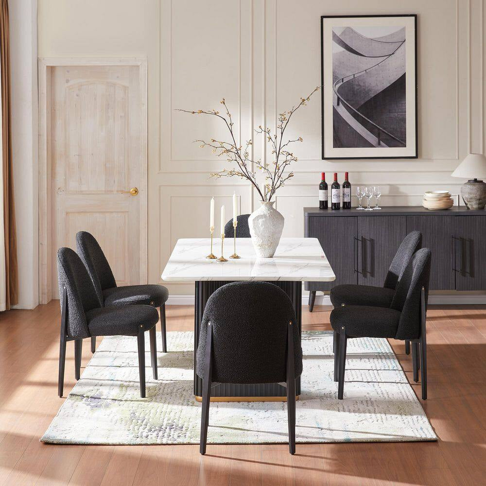 Glam 7-Piece Wood Rectangle Dining Table with Black Boucle Chairs Metal Legs Dining Room Set for Kitchen