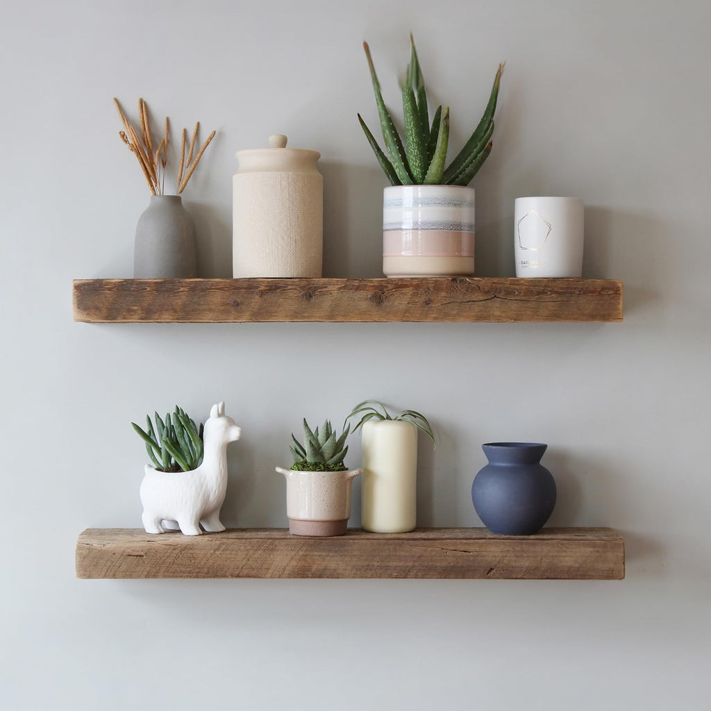 Reclaimed Barnwood Planks | Floating Shelves for Wall W/Flush Mount Shelf Bracket Set Included | Set of 2 (Natural, 48" X 4.5" X 2")