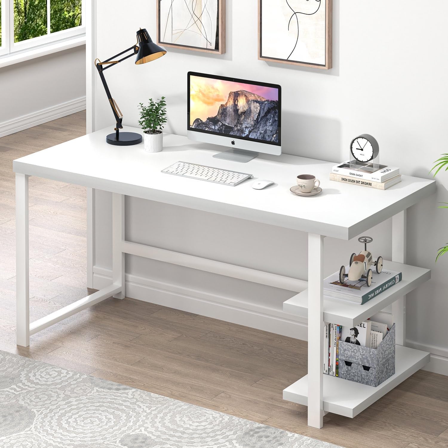 White Computer Desk, Modern Home Office Desk with Storage Shelf, Wood and Metal Writing Study Table for Living Room Bedroom, 53 Inch