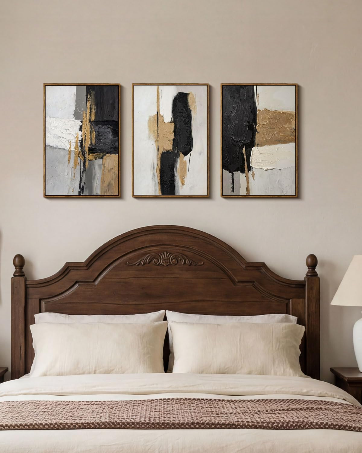 Modern Abstract Wall Art Set of 3 Black Gold Neutral Triptych Canvas Painting, Textured Hand Applied Paint Contemporary Framed Artwork 16X24, Minimalist Gallery Living Room Bedroom Office Decor