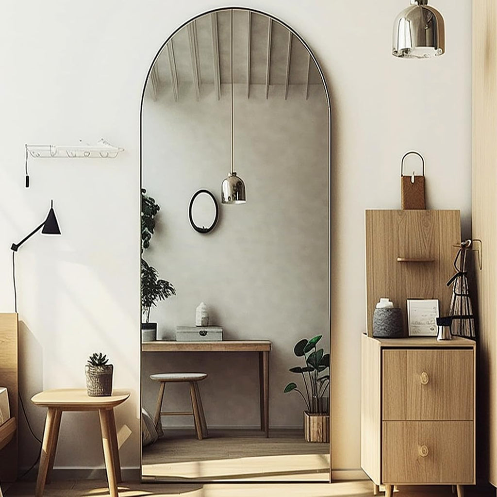 71"26" Arched Floor Mirror with Stand, Black Aluminum Frame, Freestanding or Wall Mounted, Modern Home Decor