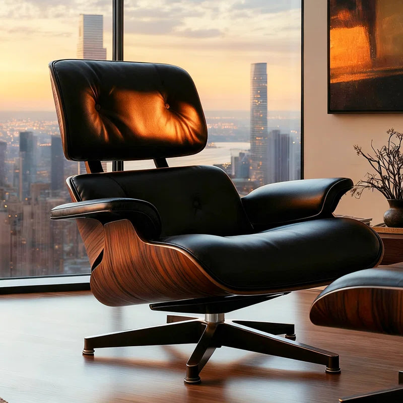 Classic Genuine Leather Swivel Lounge Chair with Ottoman for Modern Home, Solid Wood Accent Chair