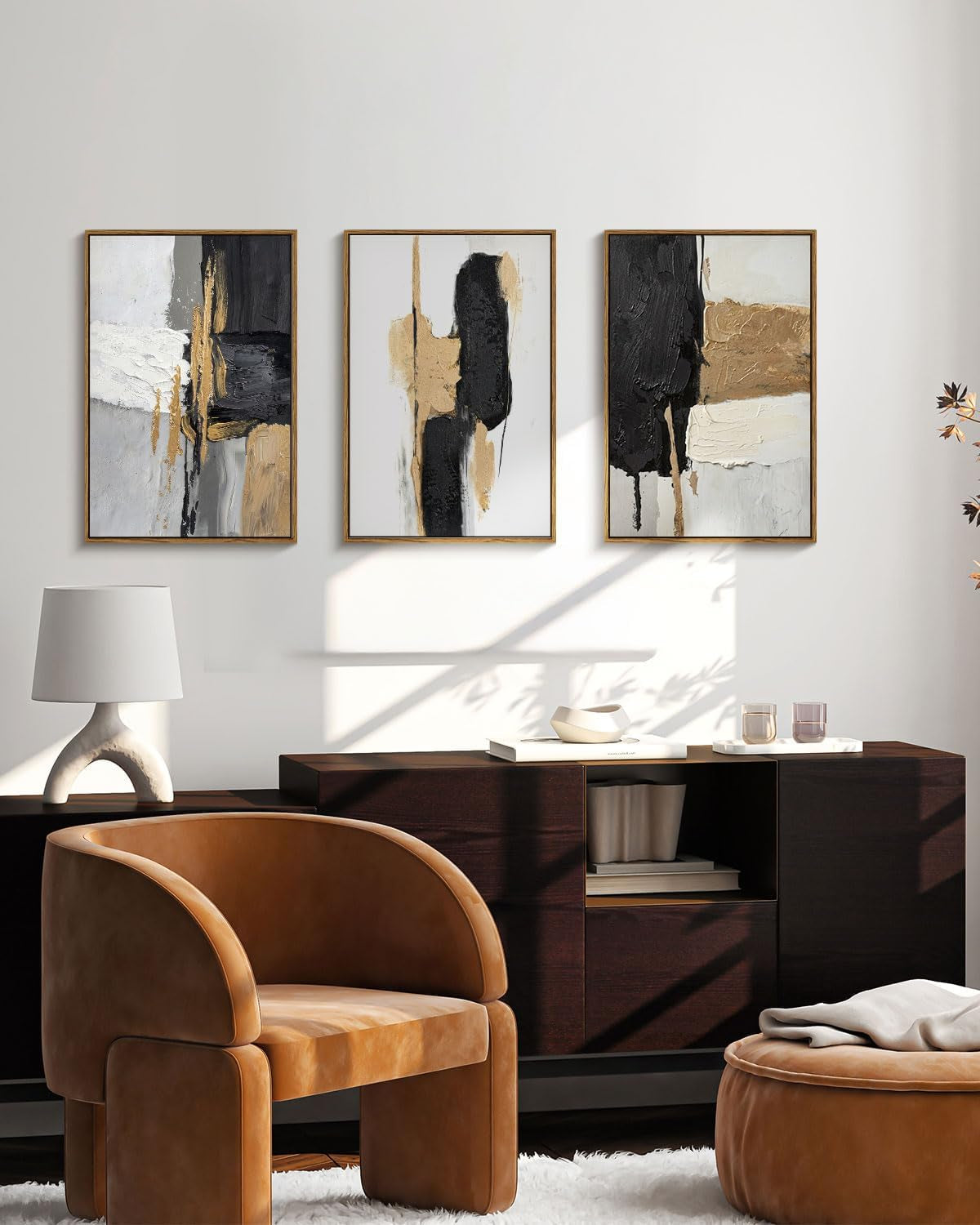 Modern Abstract Wall Art Set of 3 Black Gold Neutral Triptych Canvas Painting, Textured Hand Applied Paint Contemporary Framed Artwork 16X24, Minimalist Gallery Living Room Bedroom Office Decor