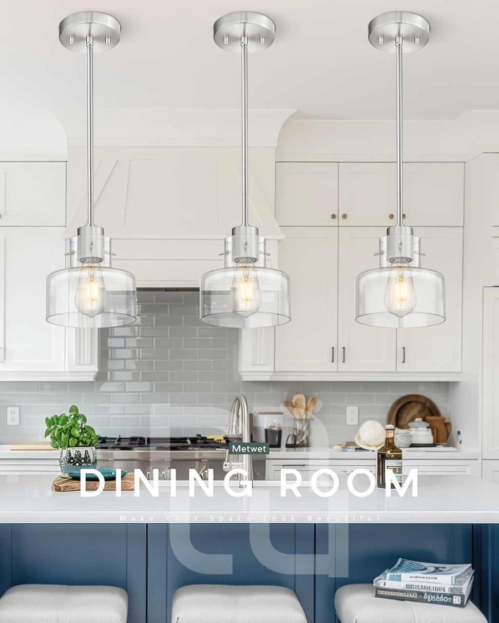 2 Pack Pendant Lights Kitchen Island, 6" Brushed Nickel Pendant Light Fixtures over Island with Clear Glass Shade, Modern Kitchen Island Lighting for Dining Room Entryway, PL124-BN-G-2PK